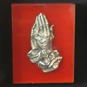 Vintage Lucite Acrylic Encased Pewter Praying Hands Paperweight - Made in Italy